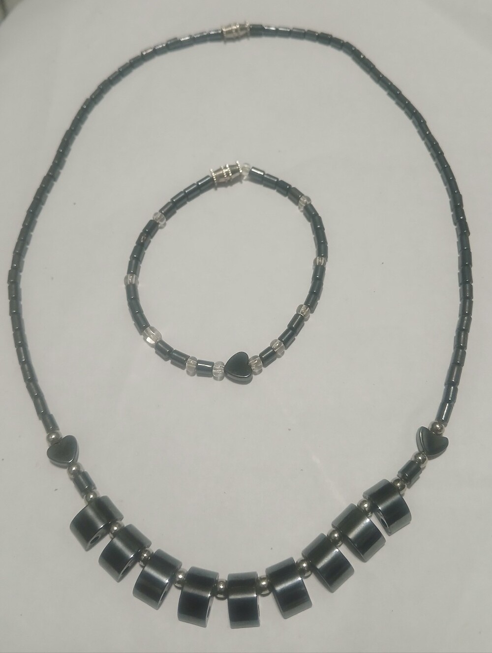Hematite Heart Necklace & Bracelet